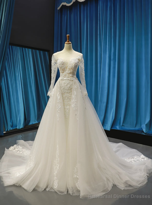 Ivory White Tulle Mermaid Appliques Beading Sequins Long Sleeve Wedding Dress With Removable Train Main image