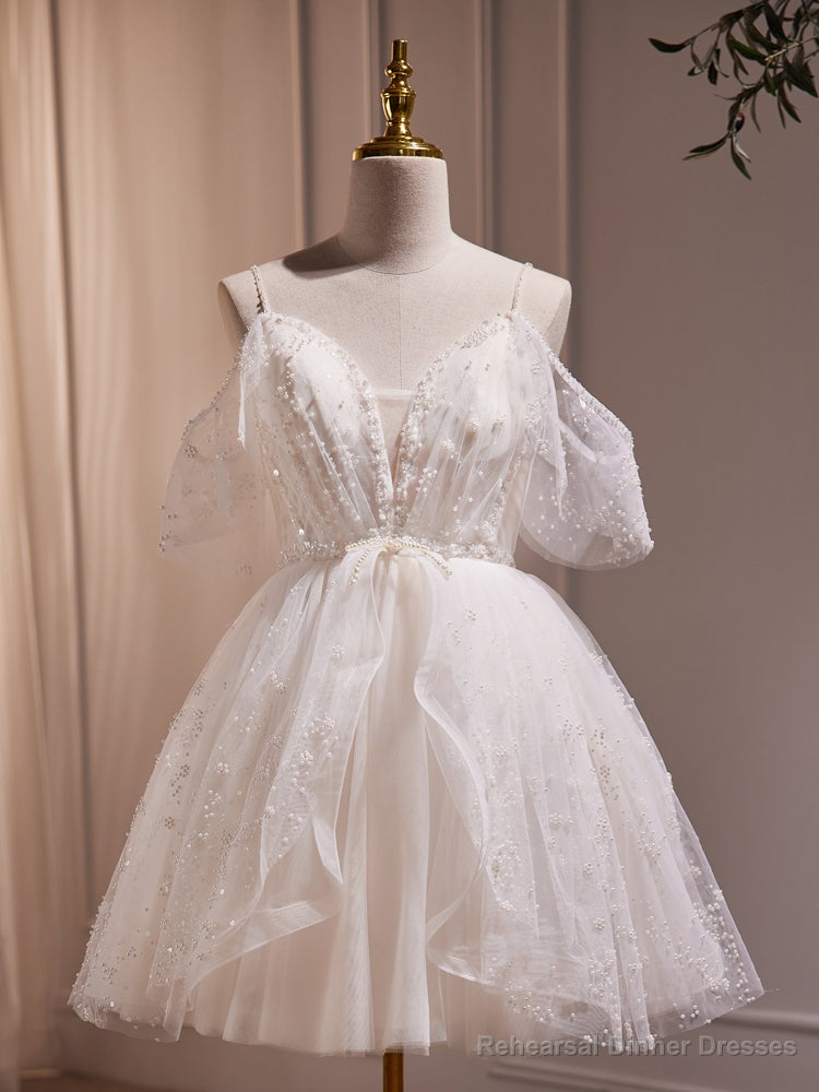 Ivory White Tulle Spaghetti Straps Pearls Homecoming Dress