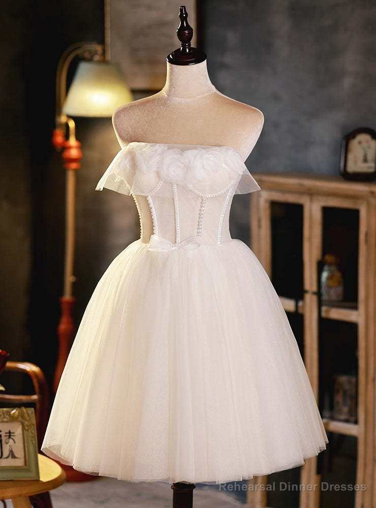 Ivory White Tulle Strapless Pearls Homecoming Dress Main image