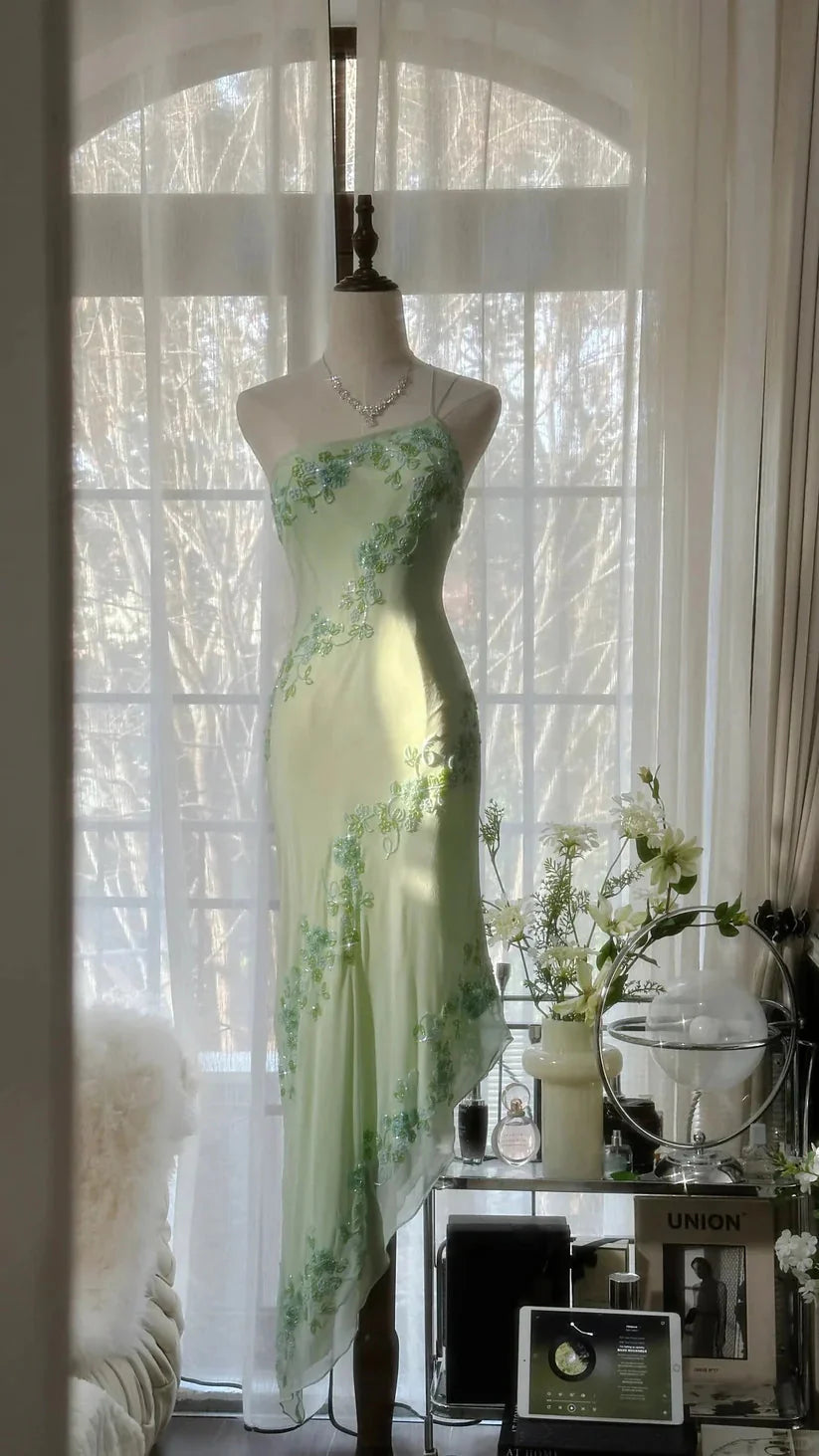 Ivory/Green Vintage Fashion One Shoulder Exquisite Beaded Long Chiffon Ball Gown Birthday Party Dress Cocktail Party Dress Classy Evening Dress Classy Prom Dress Secondary image