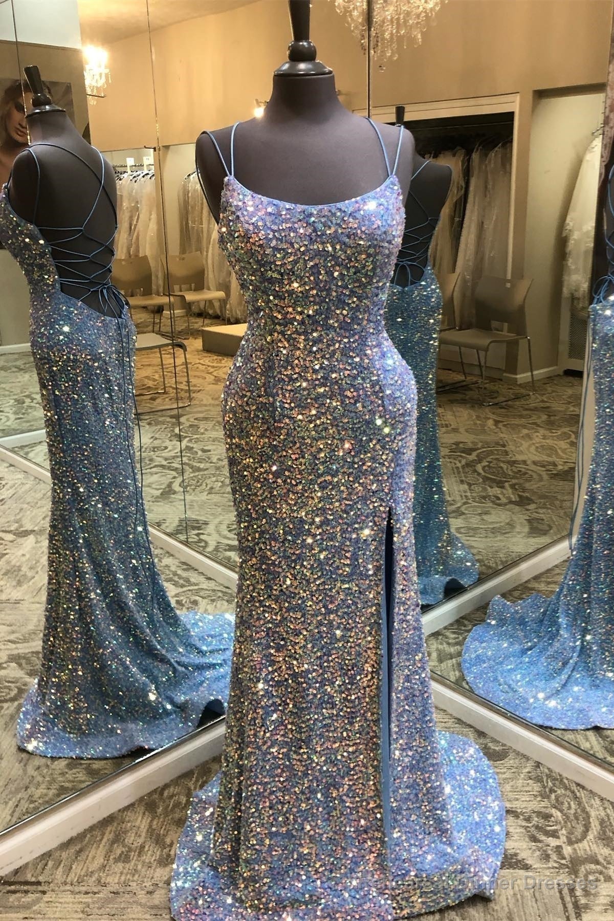 Blue Double Straps Lace-Up Sequins Long Prom Dress with Slit Main image