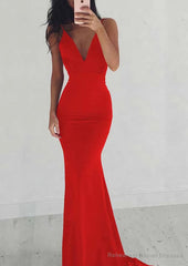 Jersey Prom Dresses Sheath/Column V-Neck Sweep Train With Pleated