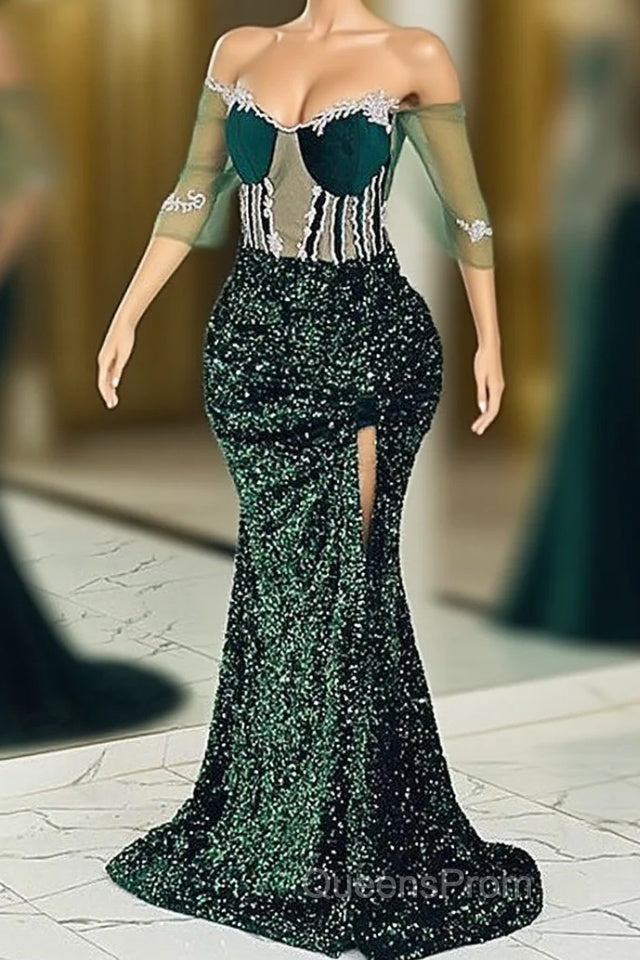 Jewel Mermaid Lace Applique Sequined Floor-length Half Sleeves High Split Evening Prom Dress Main image