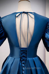 Blue V Neck Satin Short Sleeves Long Evening Prom Dress Blue Satin Evening Dress