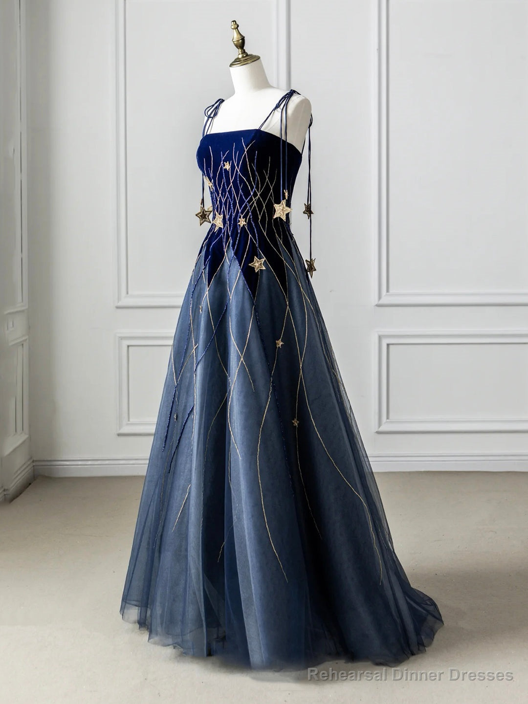 Blue Spaghetti Strap Velvet Long Prom Dress with Star, Blue Evening Dress Party Dress Main image