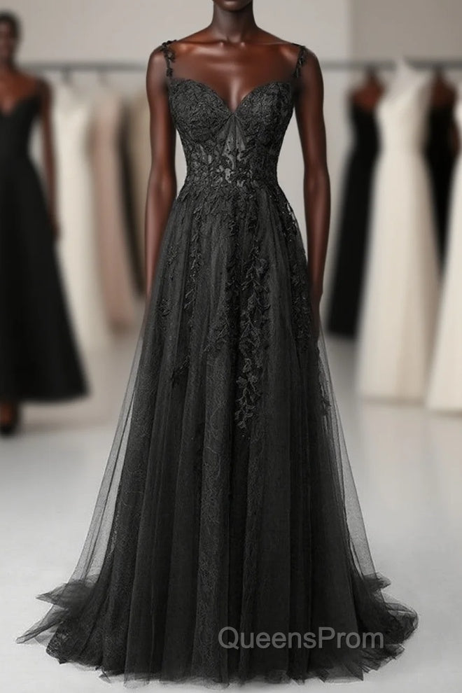 Black Sweetheart Tulle With Lace Long A-Line Evening Prom Dress, Black Formal Dress Main image