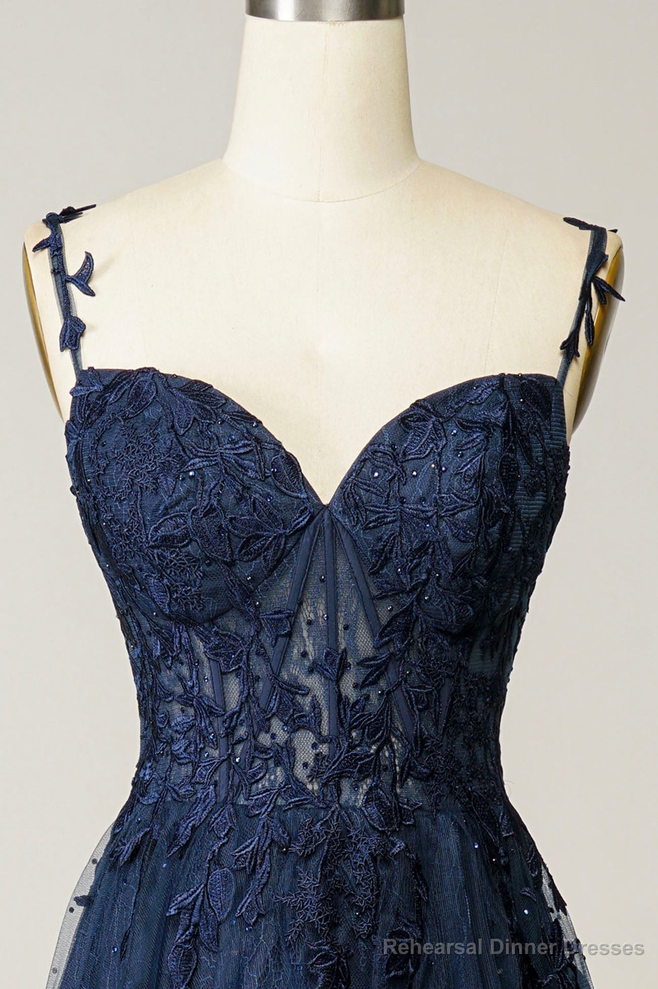 Navy Tulle and Lace Long Prom Dress, Lovely Spaghetti Strap Evening Dress Secondary image