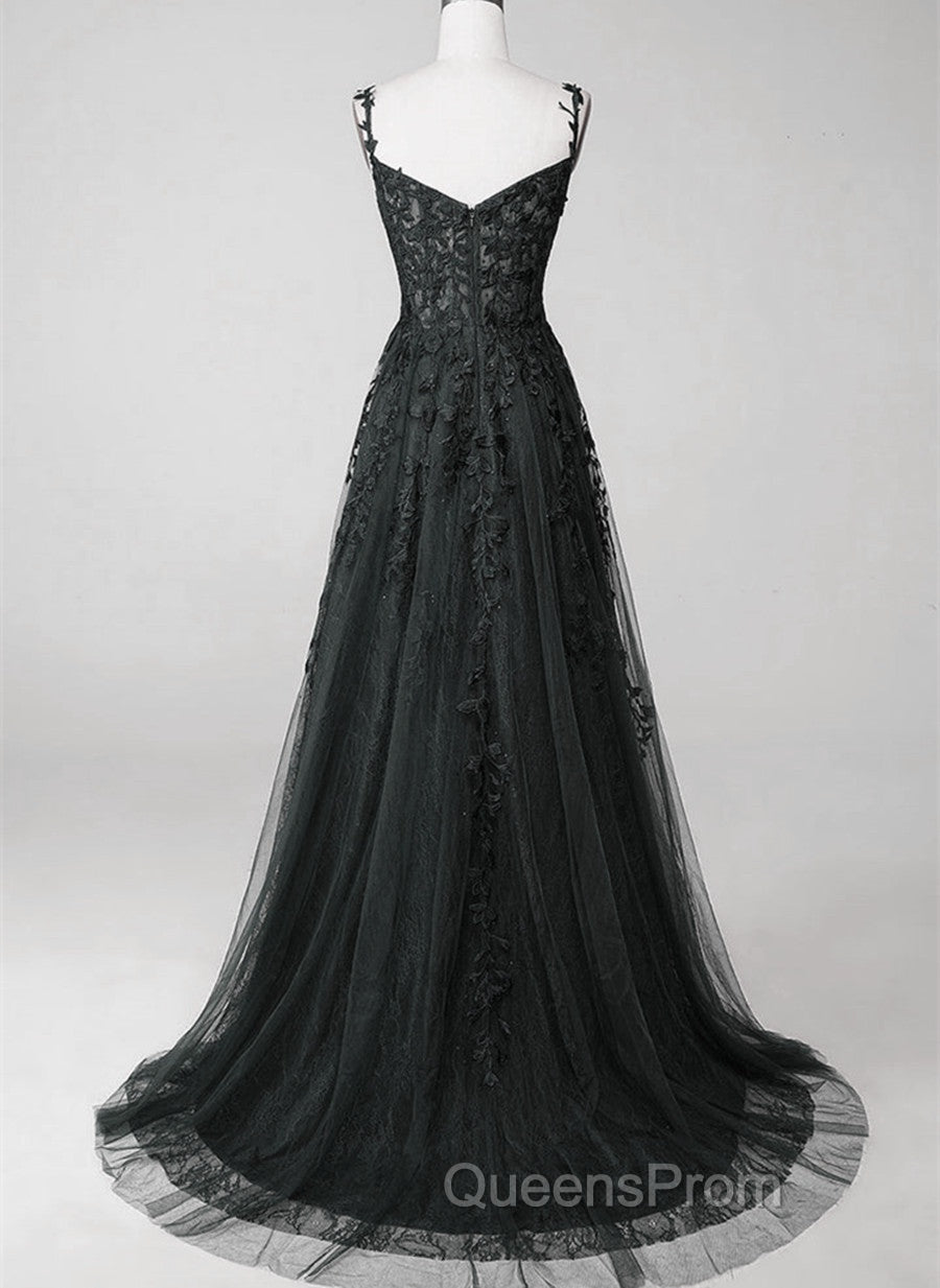 Black Sweetheart Tulle With Lace Long A-Line Evening Prom Dress, Black Formal Dress