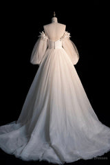 Champagne Tulle Long Sleeve Prom Dress, Off the Shoulder Evening Dress