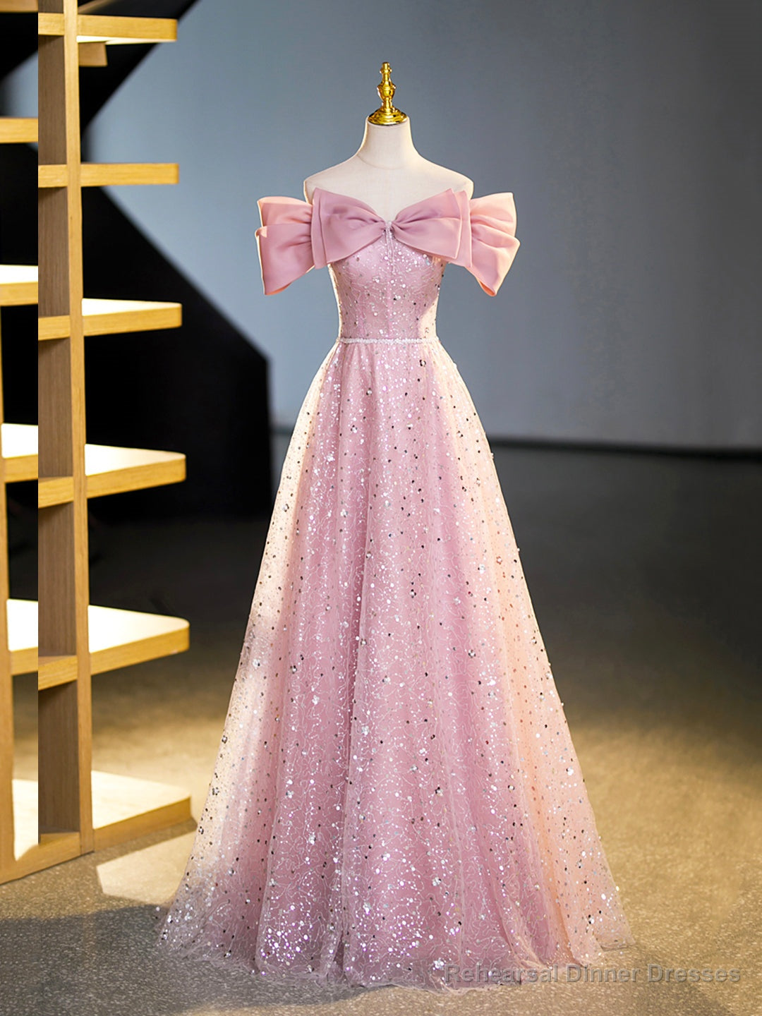 Sparkly Off-Shoulder Sequins Floor Length Formal Dress, Beautiful Pink Prom Dress Main image