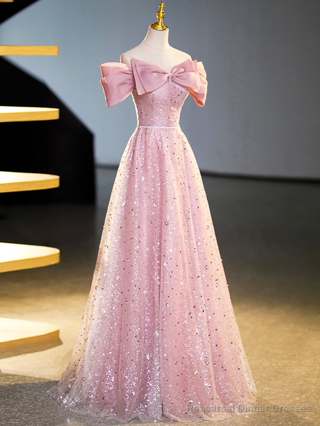 Sparkly Off-Shoulder Sequins Floor Length Formal Dress, Beautiful Pink Prom Dress Secondary image
