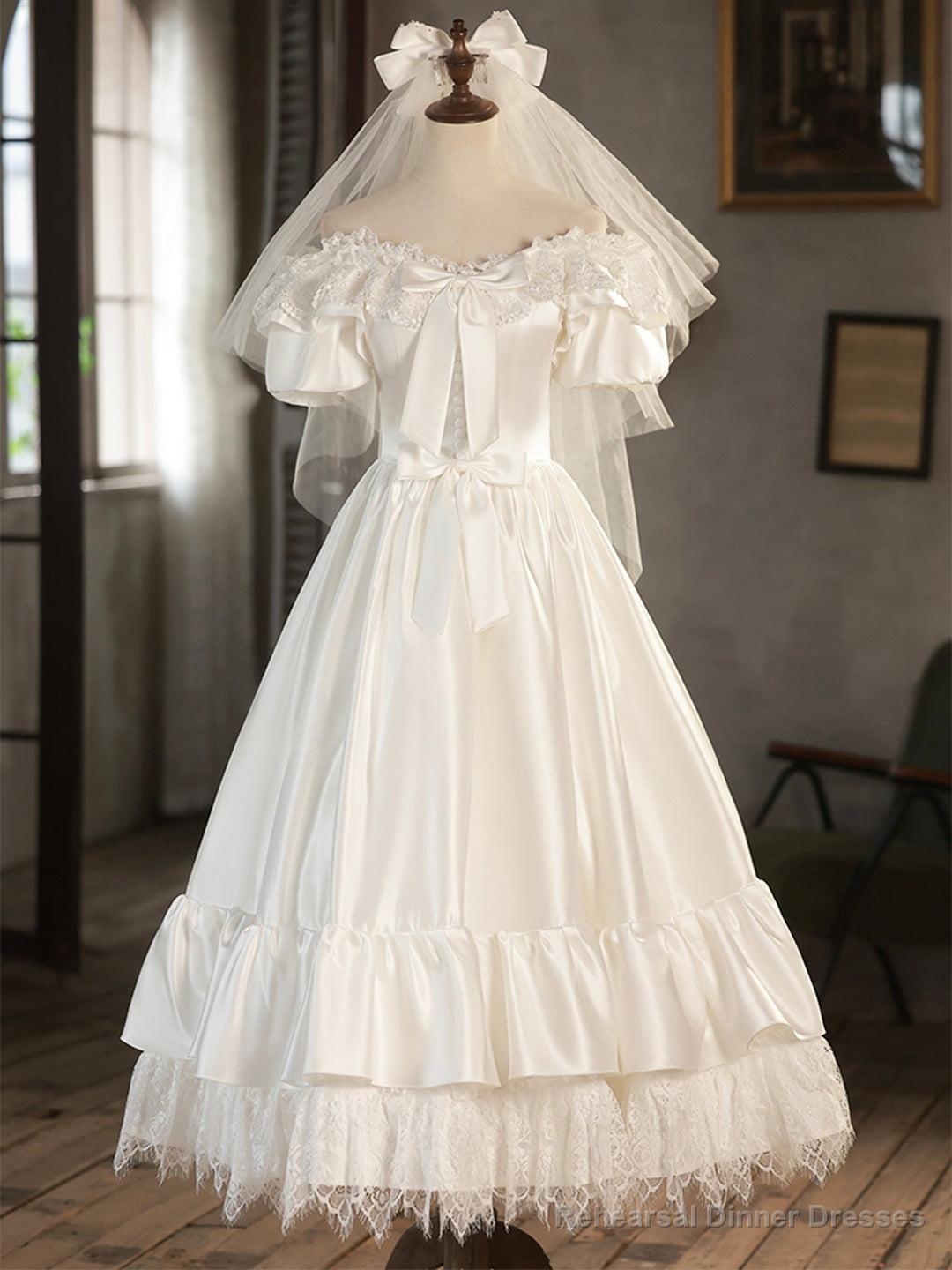 White Satin Lace Short Prom Dress, Off Shoulder Evening Dress, Wedding Dress Main image