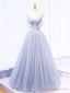 Gray Spaghetti Strap Tulle Long Prom Dress, Gray A-Line Evening Party Dress