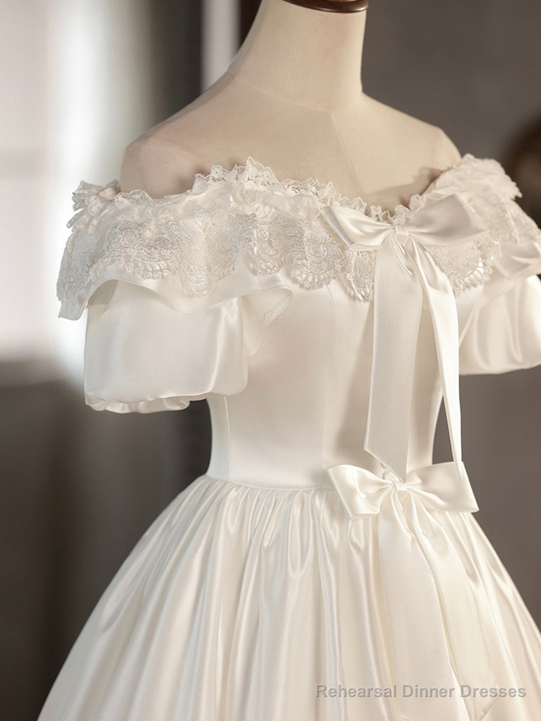 White Satin Lace Short Prom Dress, Off Shoulder Evening Dress, Wedding Dress