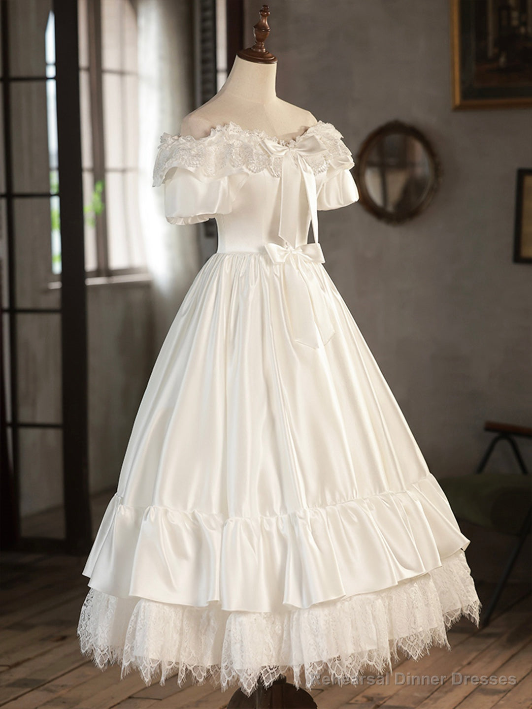White Satin Lace Short Prom Dress, Off Shoulder Evening Dress, Wedding Dress Secondary image
