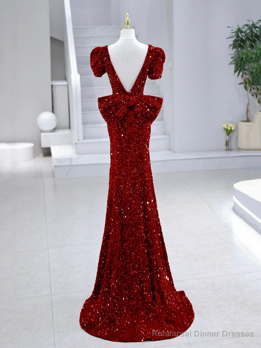 Mermaid Sequins Long Prom Dress, Burgundy V-Neck Evening Dress Main image