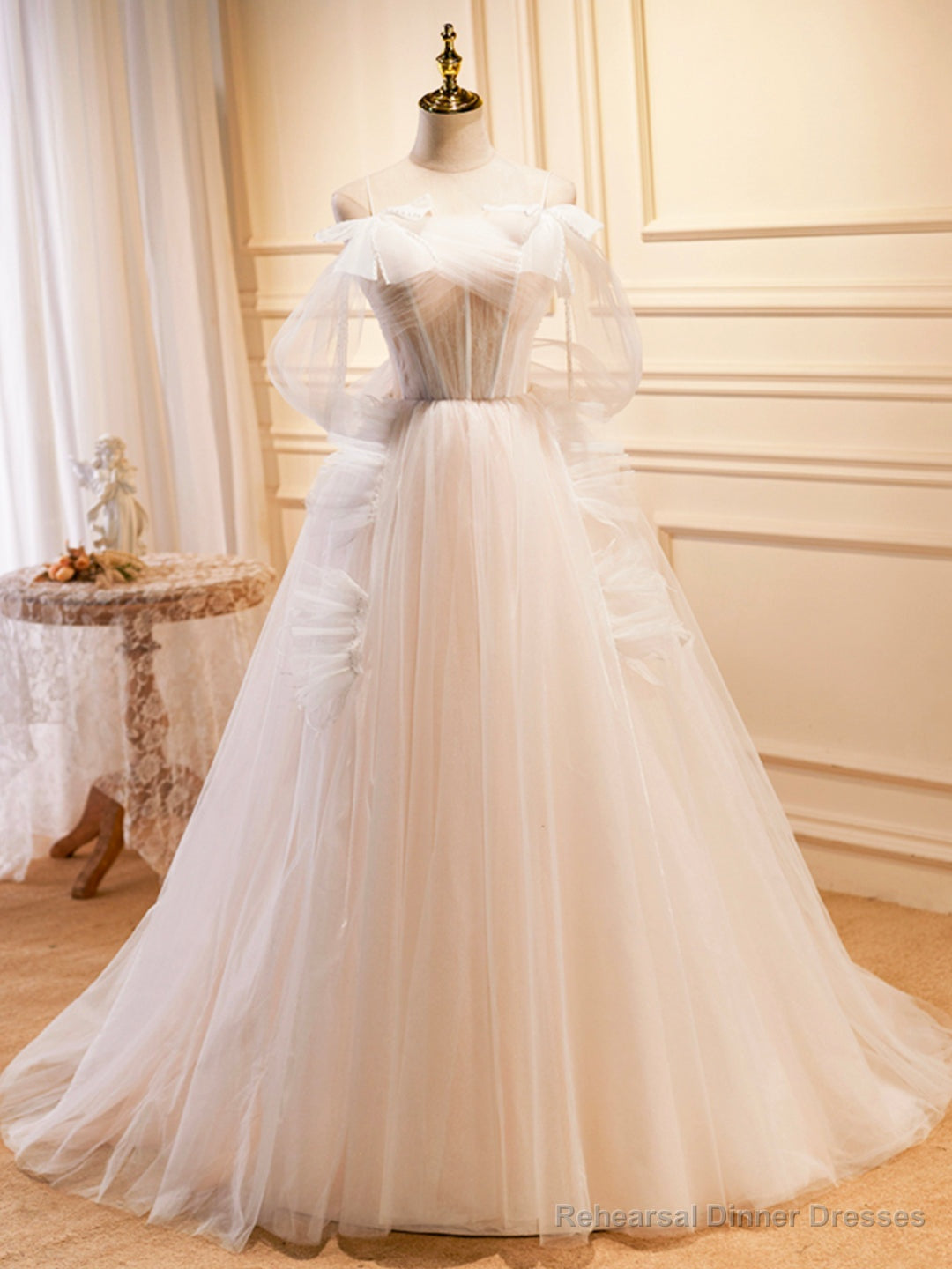 Champagne Tulle Long Prom Dress, A-Line Evening Dress with Bow Main image