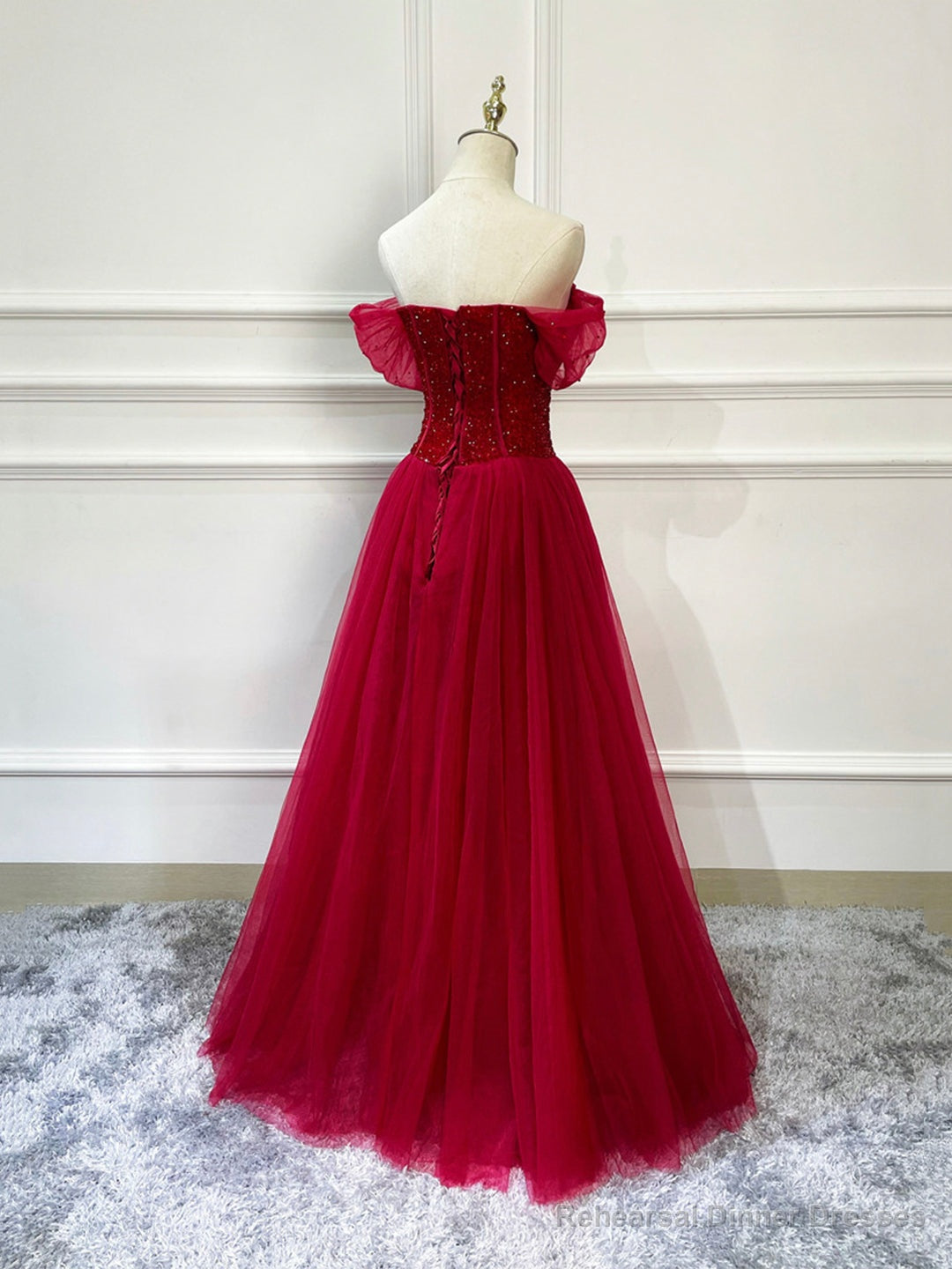Burgundy Tulle Beaded Long Formal Dress, Off Shoulder Evening Party Dress Main image