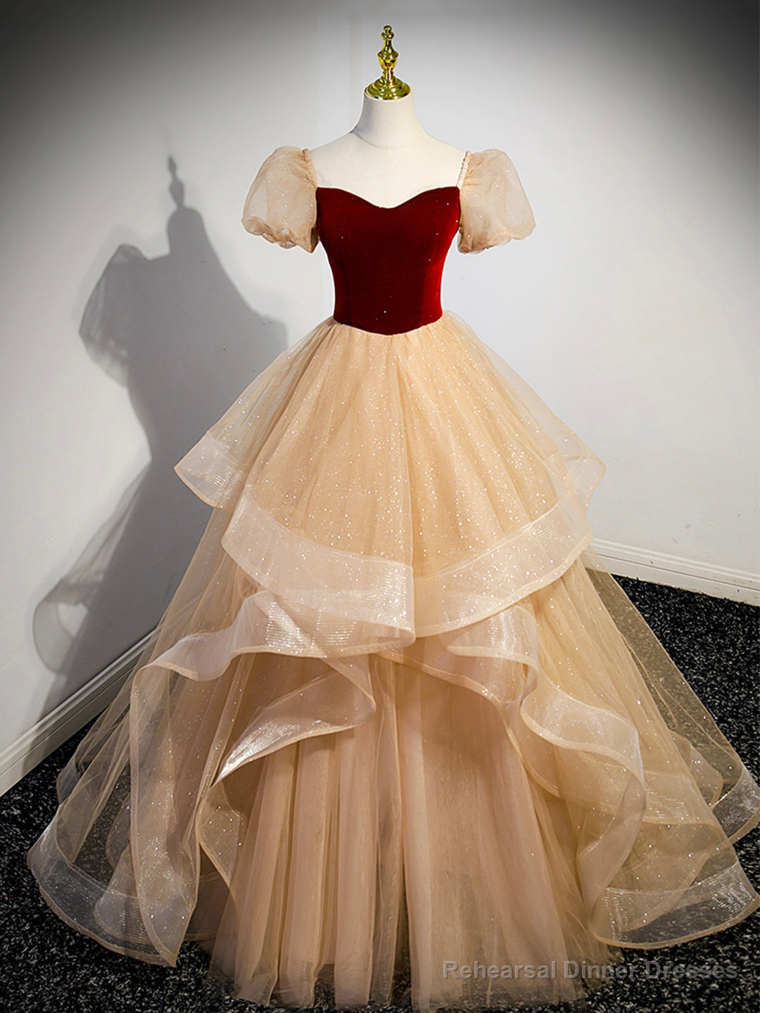 Cute Velvet Tulle Long Prom Dress, A-Line Short Sleeve Formal Dress Main image