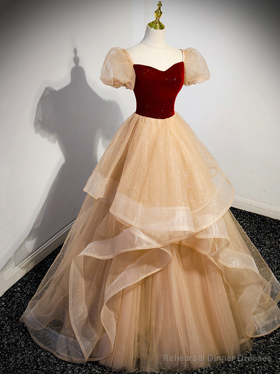 Cute Velvet Tulle Long Prom Dress, A-Line Short Sleeve Formal Dress Secondary image