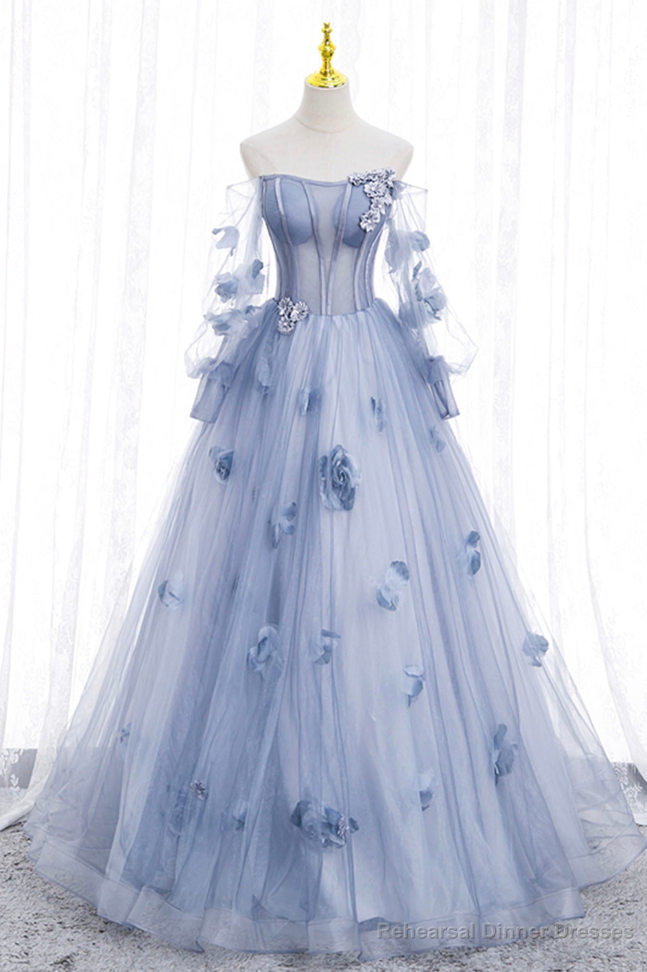 Blue Tulle Long Sleeve Prom Dress, A-Line Off the Shoulder Evening Gown
