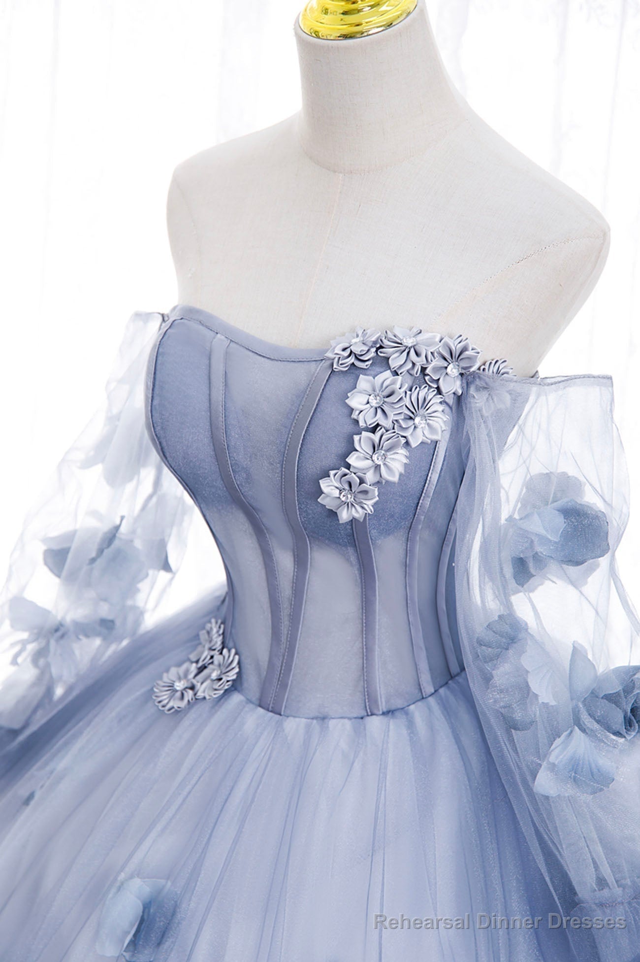Blue Tulle Long Sleeve Prom Dress, A-Line Off the Shoulder Evening Gown Secondary image