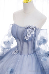 Blue Tulle Long Sleeve Prom Dress, A-Line Off the Shoulder Evening Gown