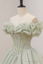 Green Ball Gown, A-Line Off the Shoulder Evening Gown with Beaded