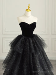 Black Strapless Tulle Formal Dress with Velvet, A-Line Sweetheart Neck Long Prom Dress