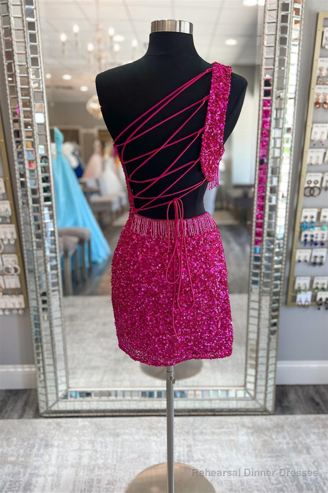 Fuchsia One Shoulder Sequins Lace-Up Sheath Homecoming Dress with Tassels Secondary image