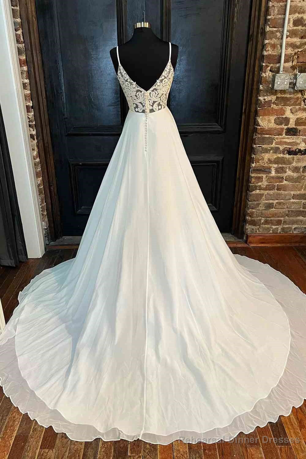Lace Back White V-Neck A-Line Long Bridal Dress Chiffon Wedding Dresses Secondary image