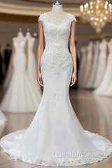 Lace Beaded Cap Sleeve Trumpet Wedding Dress