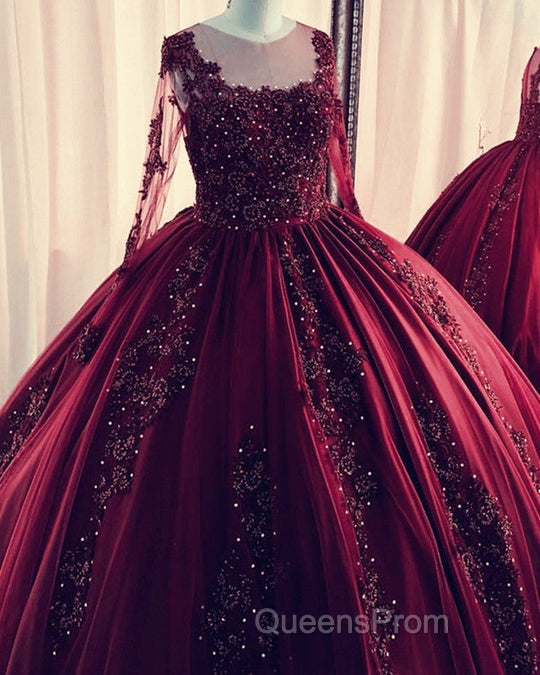 Lace Beaded Green Ball Gown Quinceanera Dress Long Sleeves Graduation Dress