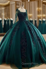 Lace Beaded Green Ball Gown Quinceanera Dress Long Sleeves Graduation Dress