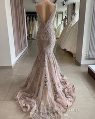 Lace Beaded Sexy African Dubai Evening Dress Mermaid Backless Evening Prom Dress Deep V-Neck Formal Party Bridesmaid Pageant Gowns