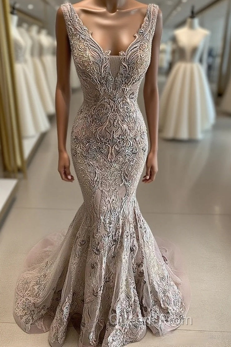 Lace Beaded Sexy African Dubai Evening Dress Mermaid Backless Evening Prom Dress Deep V-Neck Formal Party Bridesmaid Pageant Gowns Main image