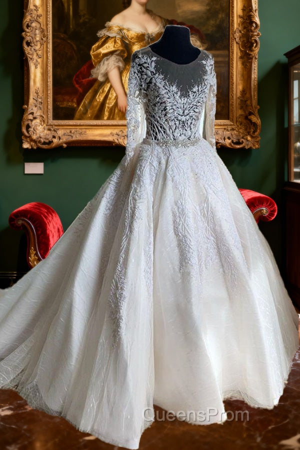 Lace Beaded Vintage Wedding Dress Long Sleeves Sheer Neck Bridal Dress Crystals Wedding Gowns Evening Prom Dress Main image