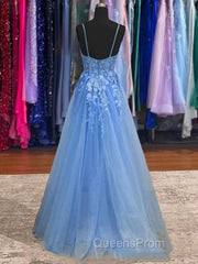 Lace Blue Evening Prom Dress V Neck Long Formal Dress Open Back