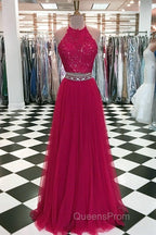 Lace Crop Top Tulle Evening Prom Dress Two Piece Evening Gowns Beaded Sashes