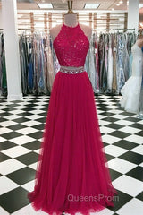 Lace Crop Top Tulle Evening Prom Dress Two Piece Evening Gowns Beaded Sashes