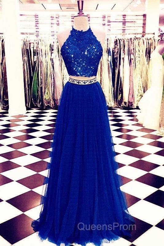 Lace Crop Top Tulle Evening Prom Dress Two Piece Evening Gowns Beaded Sashes