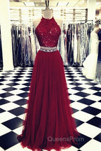 Lace Crop Top Tulle Evening Prom Dress Two Piece Evening Gowns Beaded Sashes