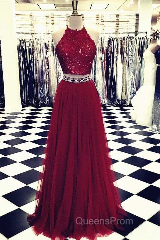 Lace Crop Top Tulle Evening Prom Dress Two Piece Evening Gowns Beaded Sashes