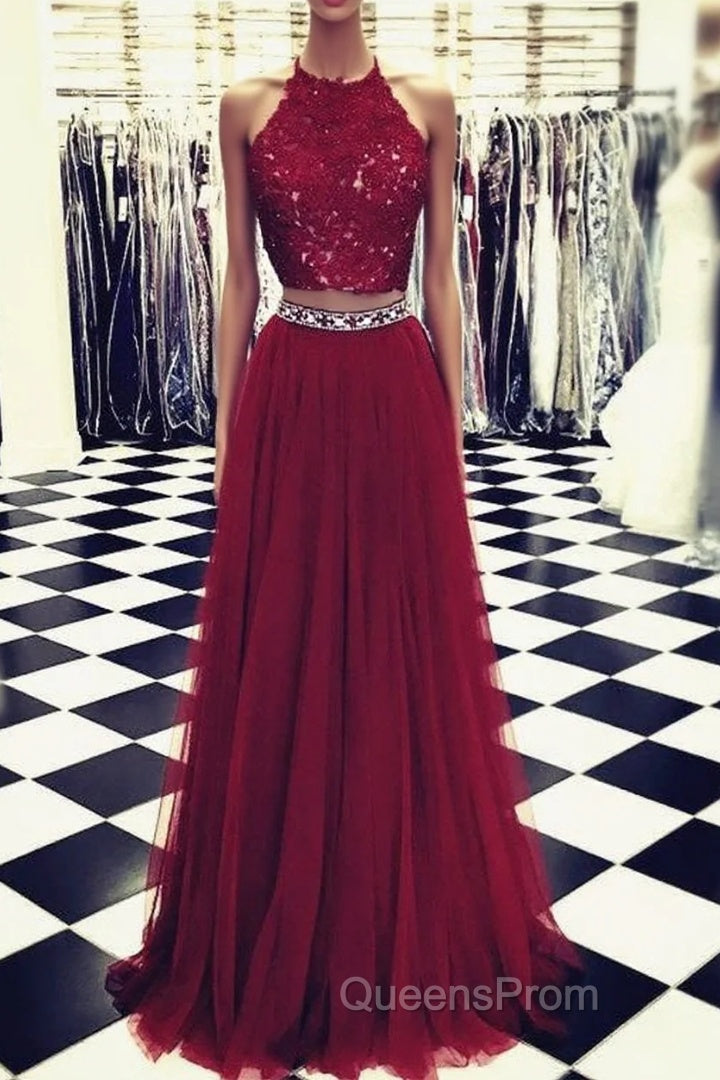 Lace Crop Top Tulle Evening Prom Dress Two Piece Evening Gowns Beaded Sashes