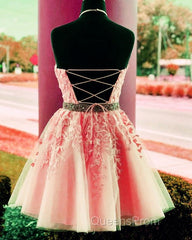 Lace Embroidery Halter Tulle Homecoming Dress Cross Back