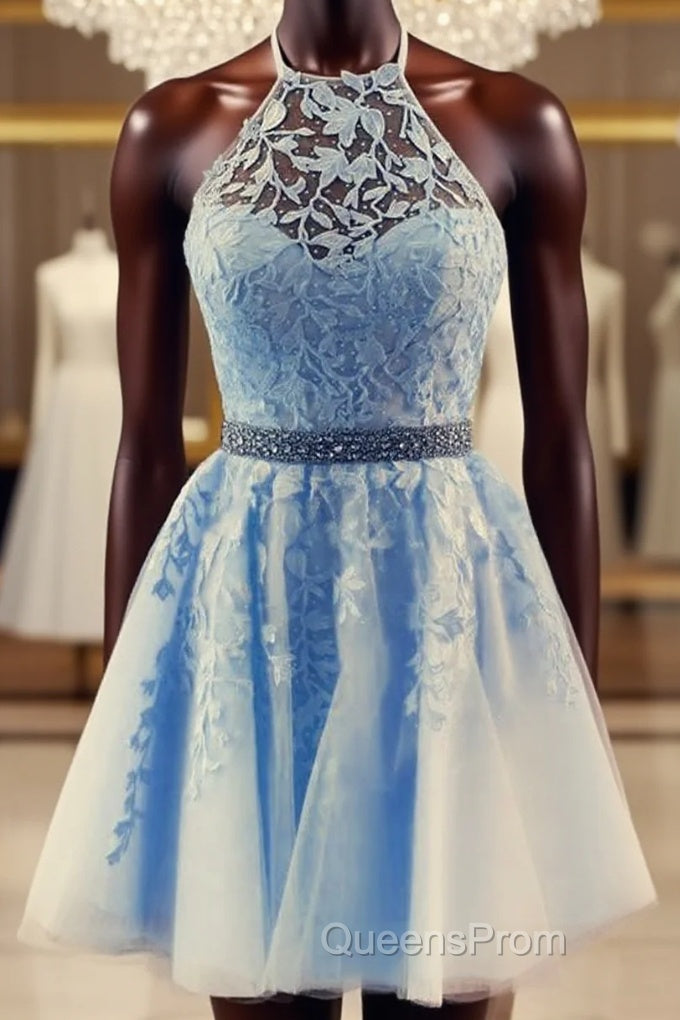 Lace Embroidery Halter Tulle Homecoming Dress Cross Back Main image