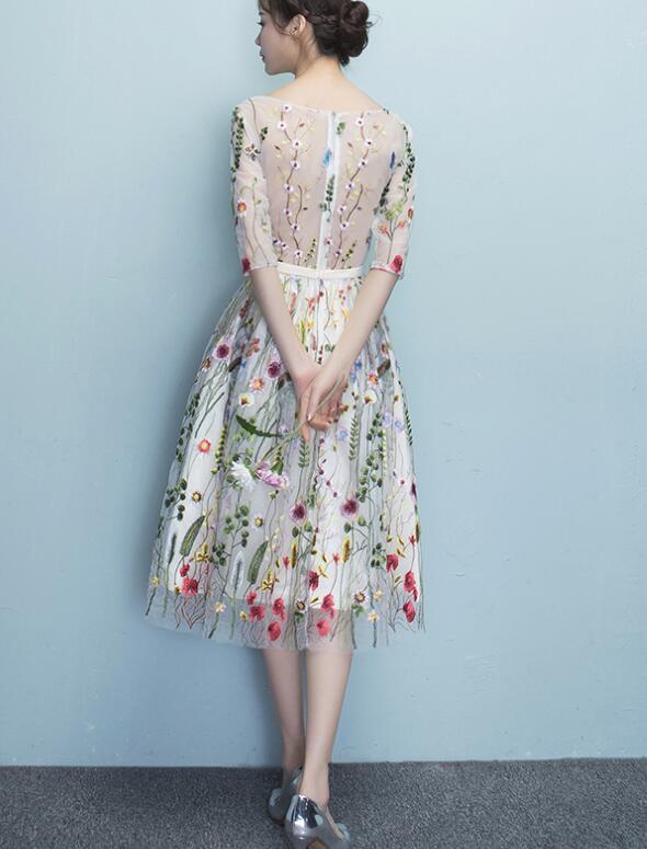 Lace Floral Elegant 1/2 Sleeves Knee Length Round Neckline Party Dress, Homecoming Dress , Party Dress