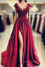 Lace Flowers Beaded Cap Sleeves V-Neck Evening Prom Dress Split Evening Gowns
