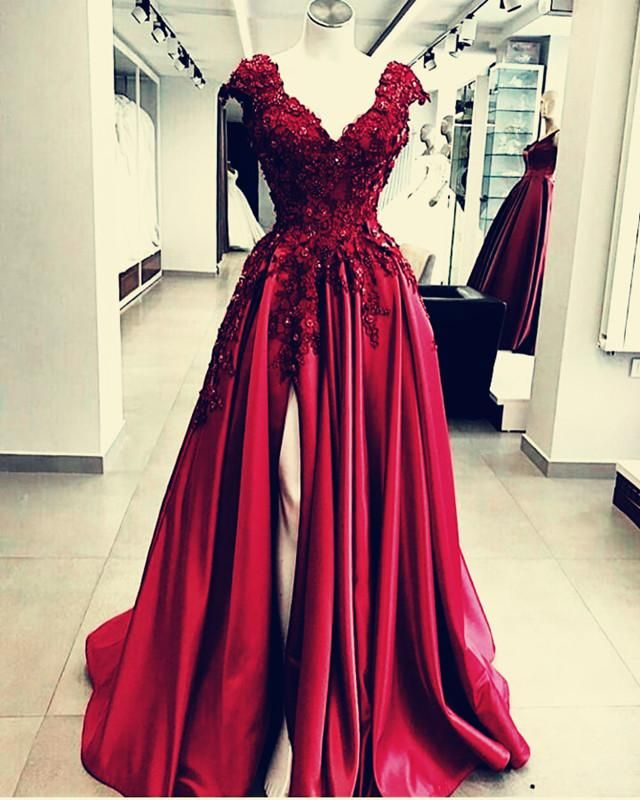 Lace Flowers Beaded Cap Sleeves V-Neck Classy Prom Dress Split Classy Evening Gowns