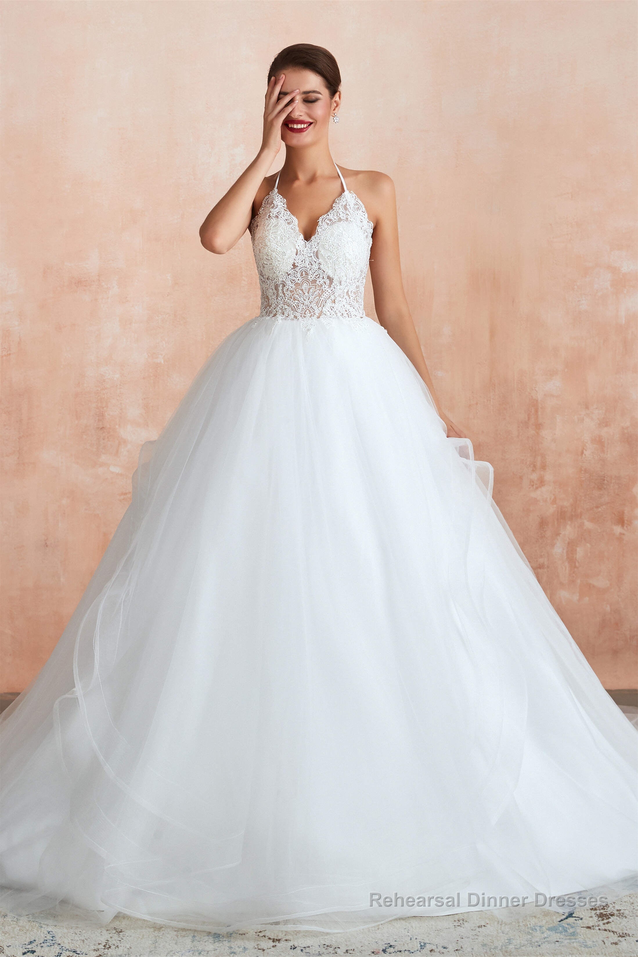 Lace Halter See-through Multi-Layers White Wedding Dresses with Open Back Secondary image